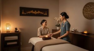 First-time massage client being welcomed in a calm and professional spa environment